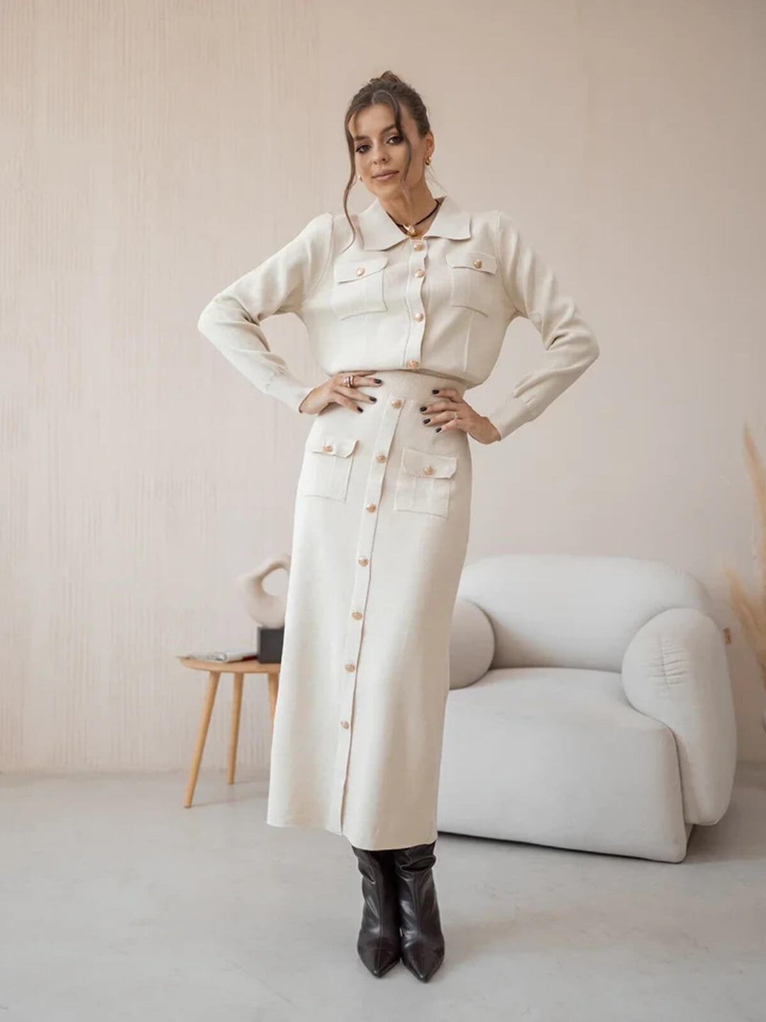 Elegant Two-Piece Matching Knit Blazer Skirt