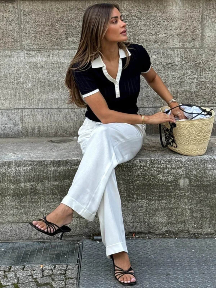 Fashion V-Neck Short Sleeve Patchwork Top