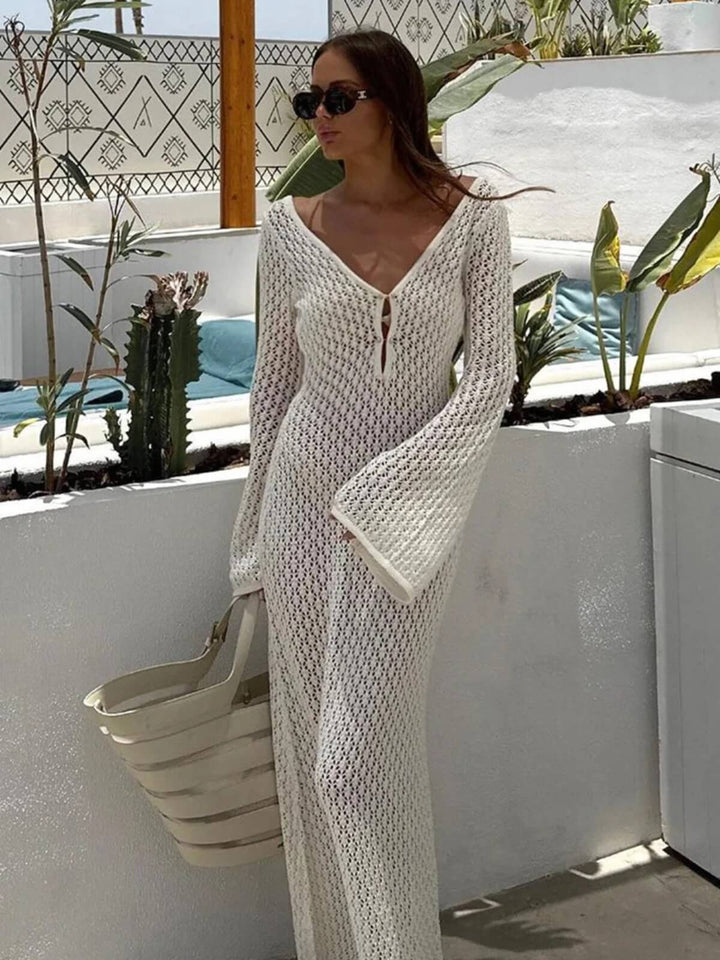 Women's Long Sleeve See-Through Deep V-Neck Hollow-Out Backless Beach Dress