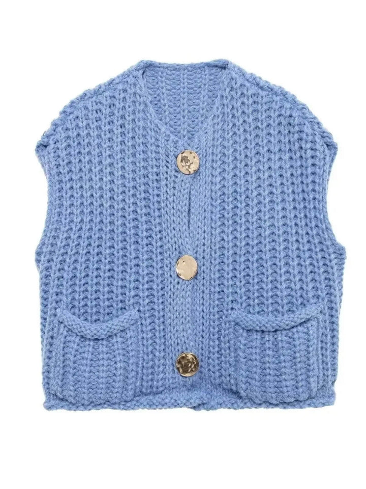 Fashionable V-Neck Button Up Front Pockets Sleeveless Vest