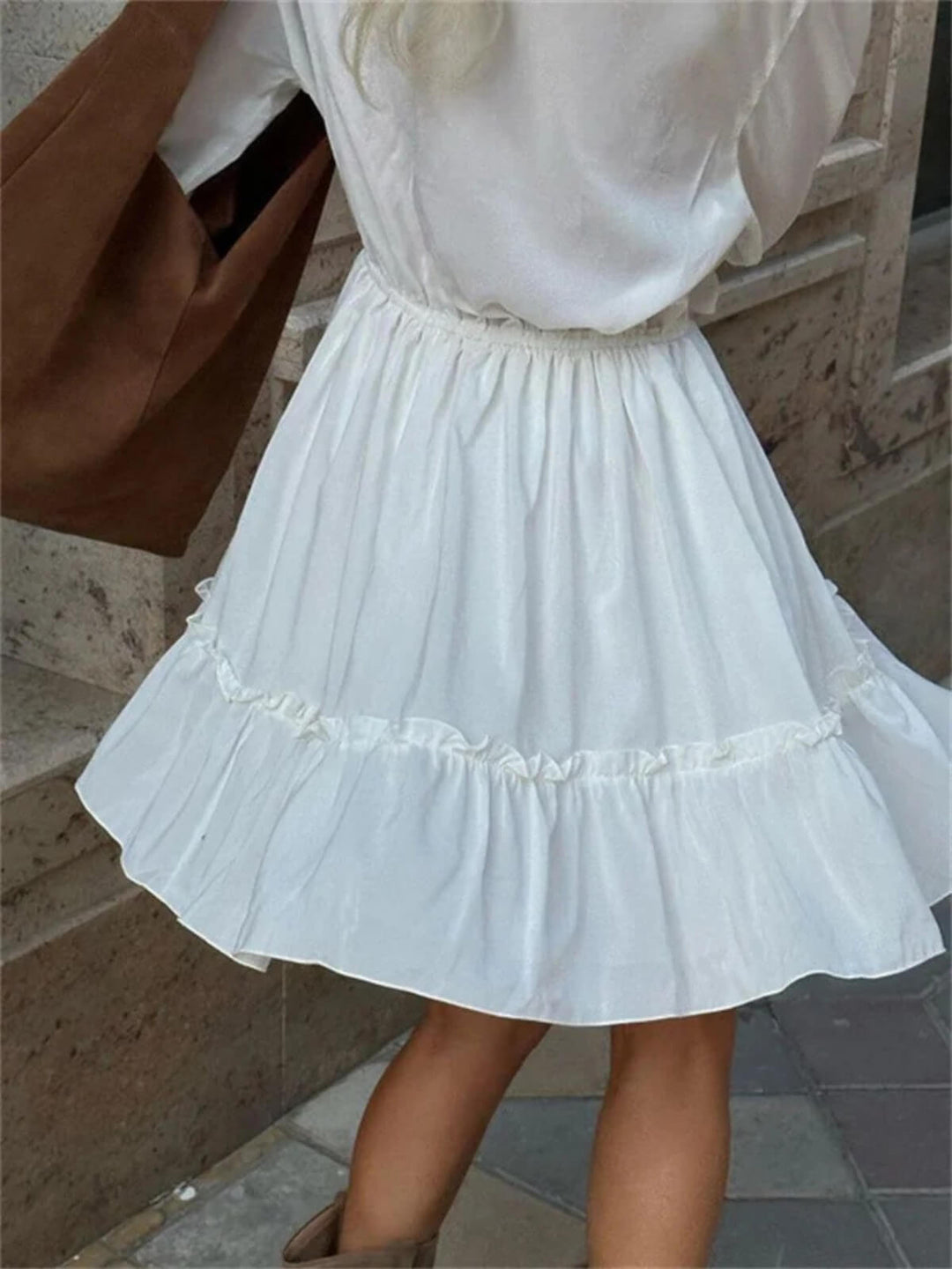 Women's Patchwork Ruffled V-Neck Mini Dress With Lace-Up Detail