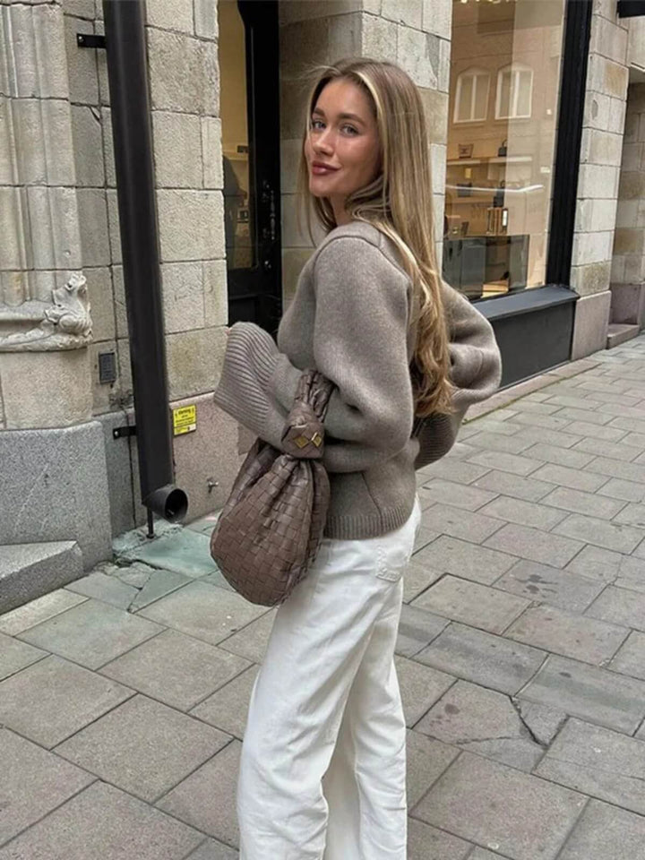 Women's V-neck Long Sleeves With Pocket Slim Metal Buttons Cardigan