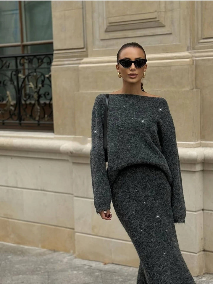 Elegant Slash Neck Sweater & Midi Dress Bling Knitted TrackSuit