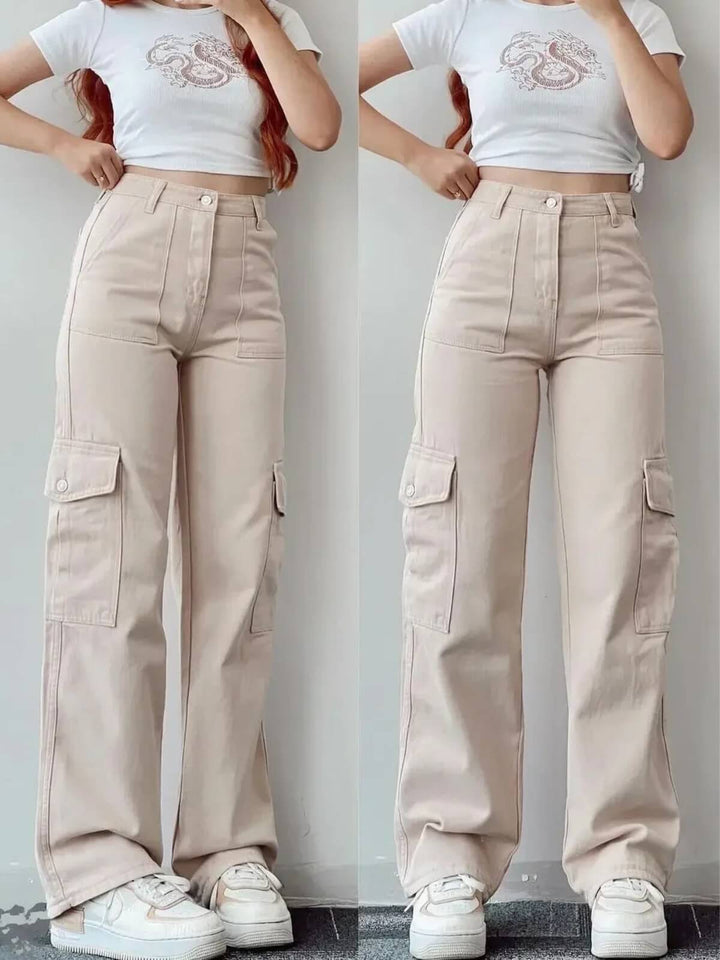 Slim Fit Wide Leg Pockets Mid Waist Pants
