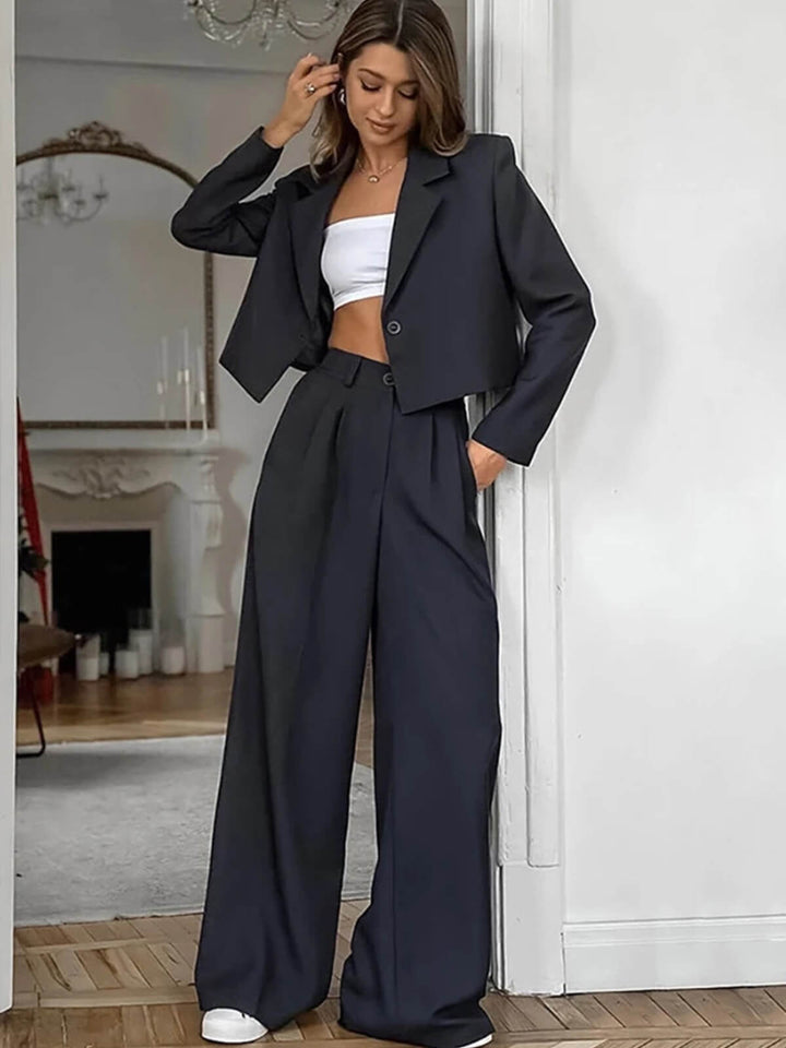 Versatile Cropped Blazer And High Waist Wide Leg Trousers Set