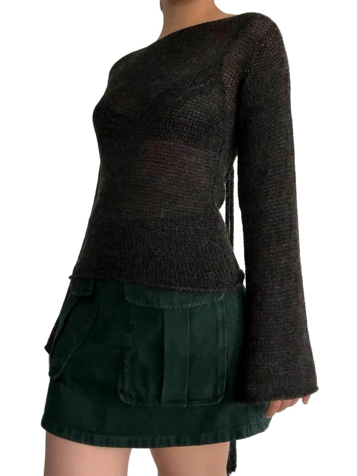 Casual Long Sleeve Boat Neck Tie Back Sweaters