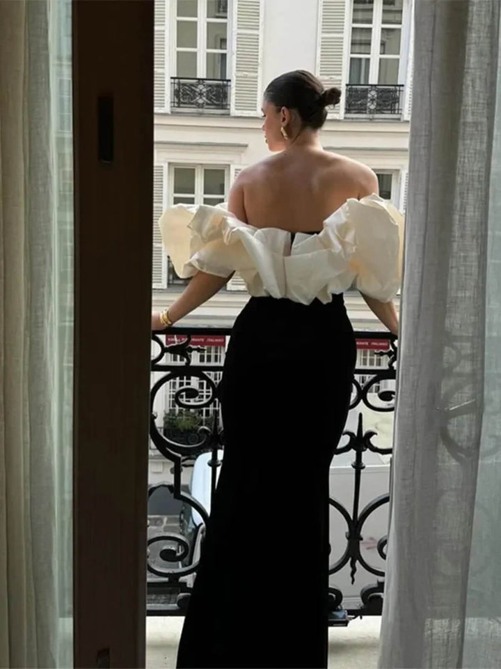 Elegant Pleated Patchwork Off Shoulder Backless Sleeveless Slim Long Dress