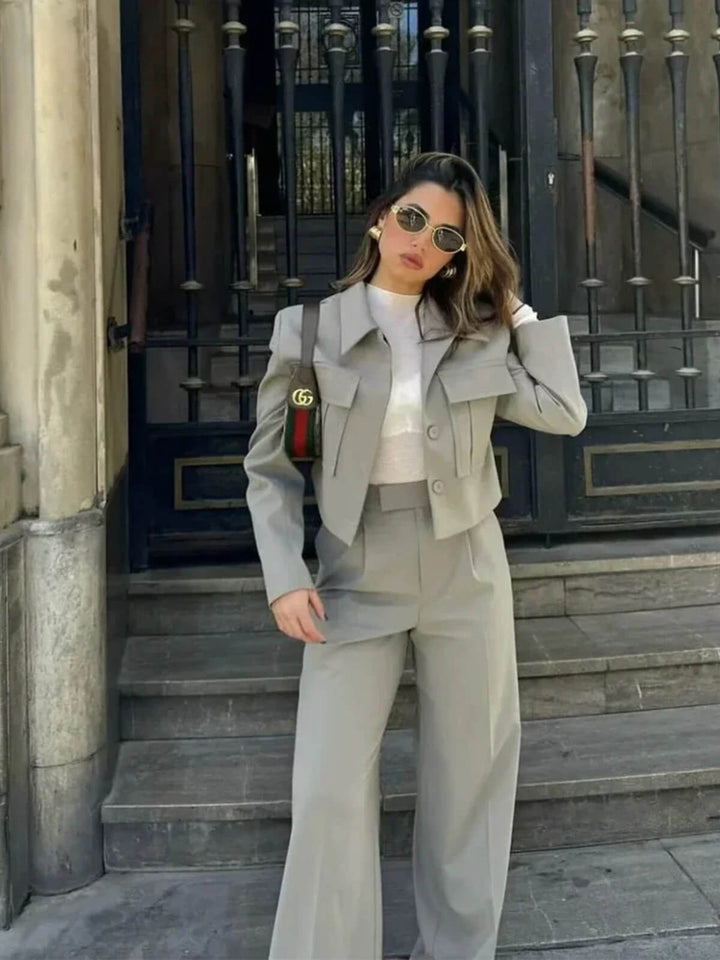 Fashionable Turn-down Collar Crop Jacket And Chic Wide Leg Pants