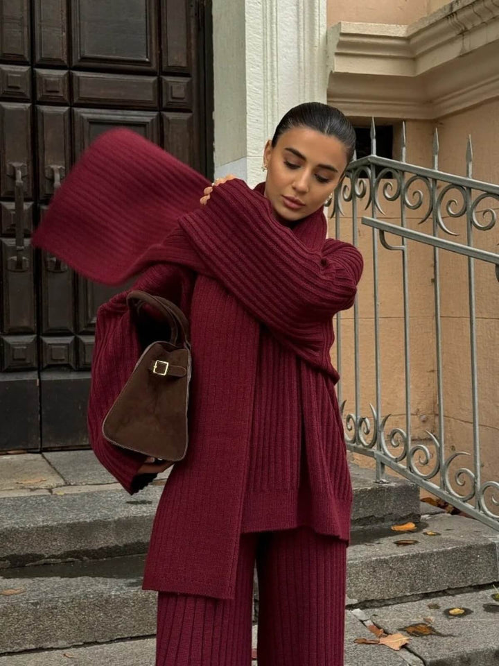 Chic Two-Piece Oversize Scarf Collar Sweaters Wide Leg Pants
