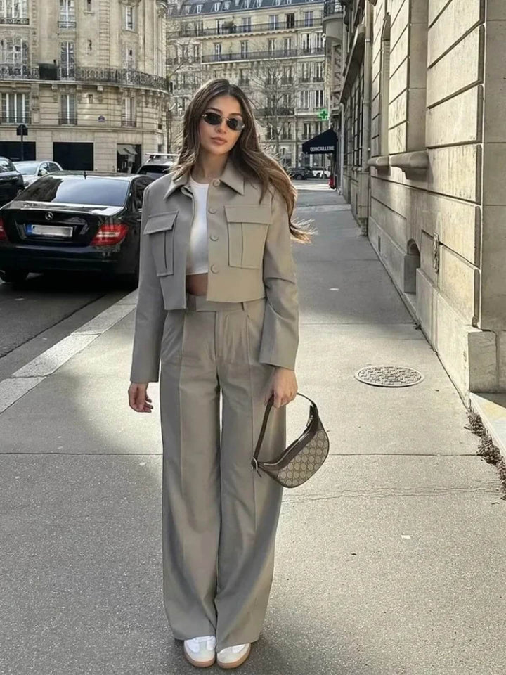 Fashionable Turn-down Collar Crop Jacket And Chic Wide Leg Pants