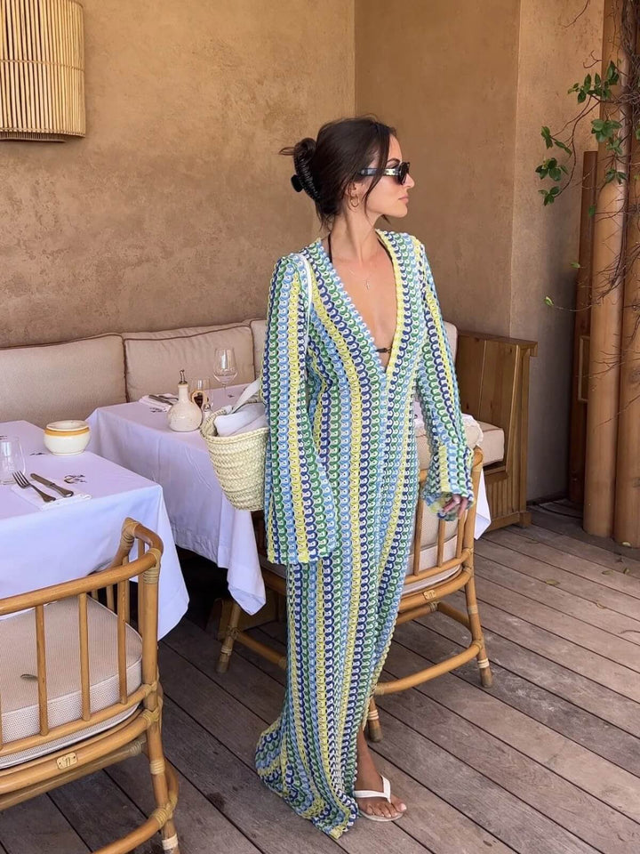 Women's Flare Sleeve V-Neck High-Slit Crochet Long Maxi Dress