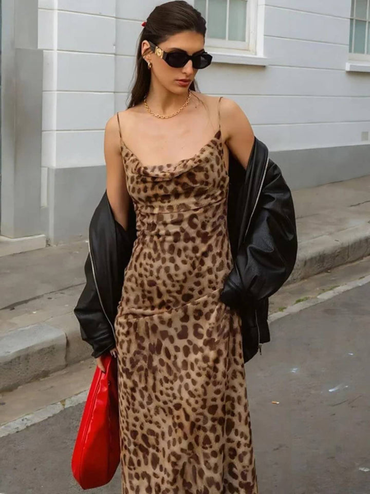 Women's Sexy Sleeveless V-Neck Leopard Print Chiffon Cami Dress