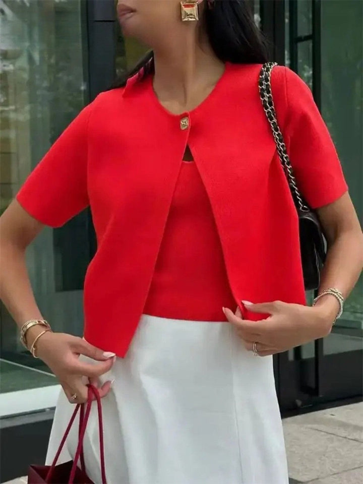 Elegant Short-Sleeve Cropped Cardigan with Metal Buttons