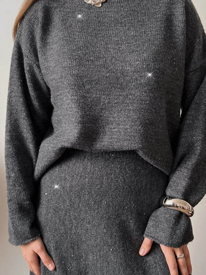 Elegant Slash Neck Sweater & Midi Dress Bling Knitted TrackSuit