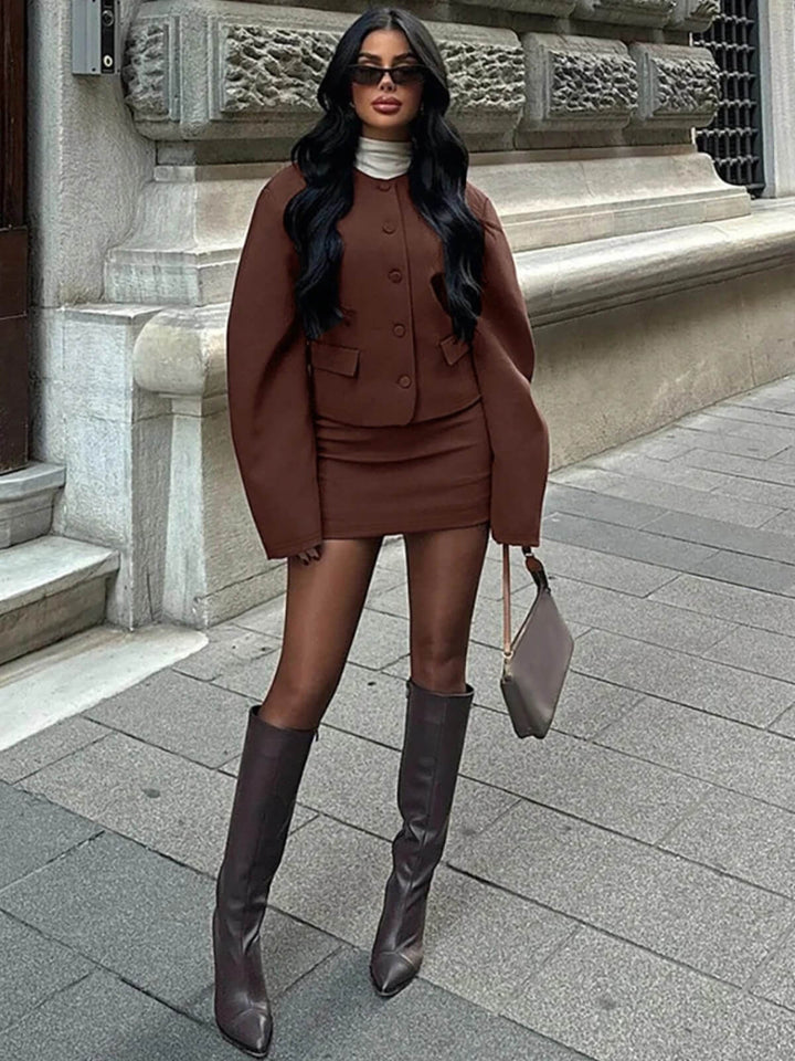 Elegant Two-Piece Set Long Sleeve Mini Skirt