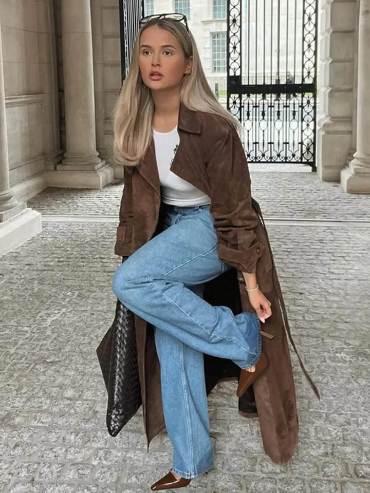 High Street Faux Leather Long Coat With Belt