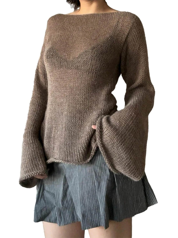Casual Long Sleeve Boat Neck Tie Back Sweaters