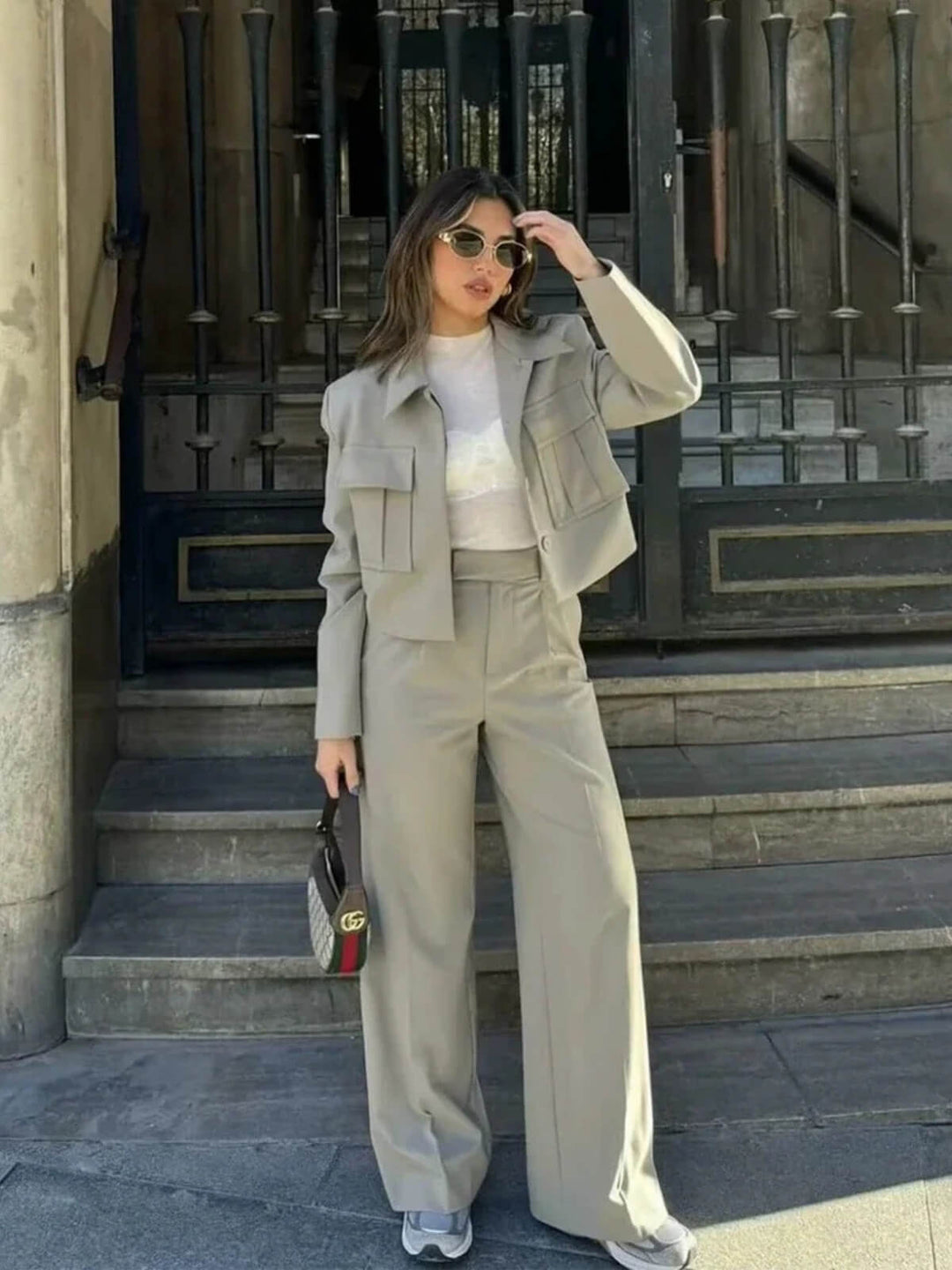 Fashionable Turn-down Collar Crop Jacket And Chic Wide Leg Pants
