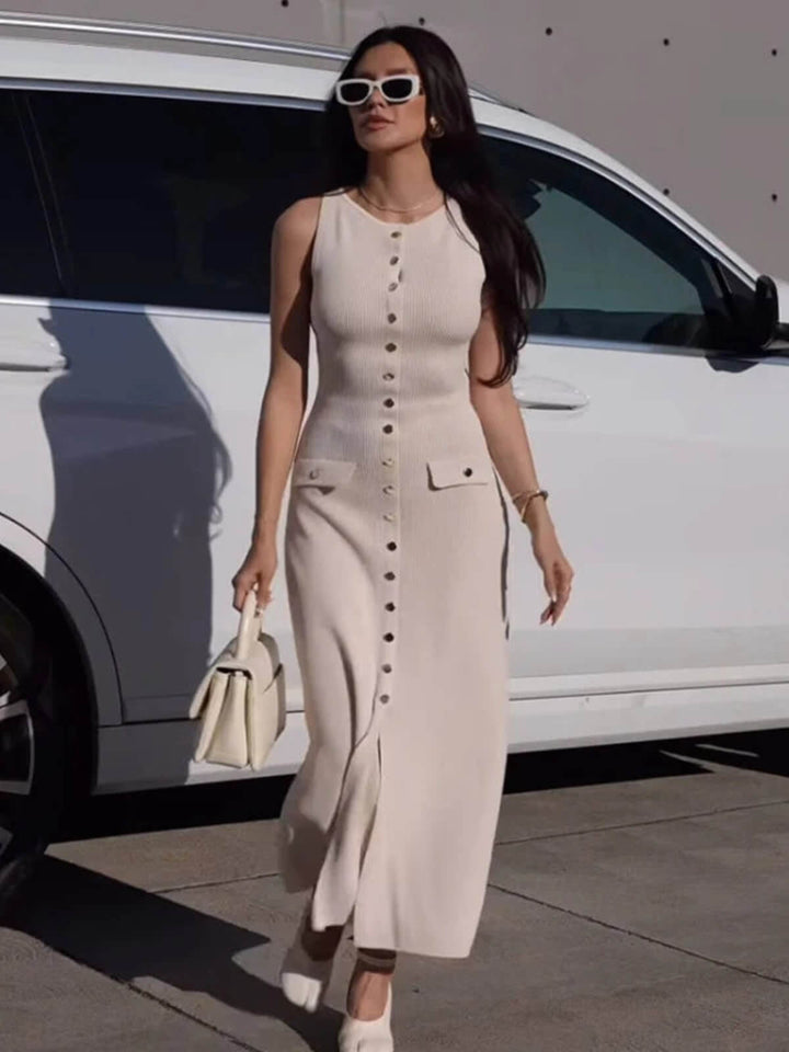 Elegant Sleeveless Ribbed Long Knit Dress