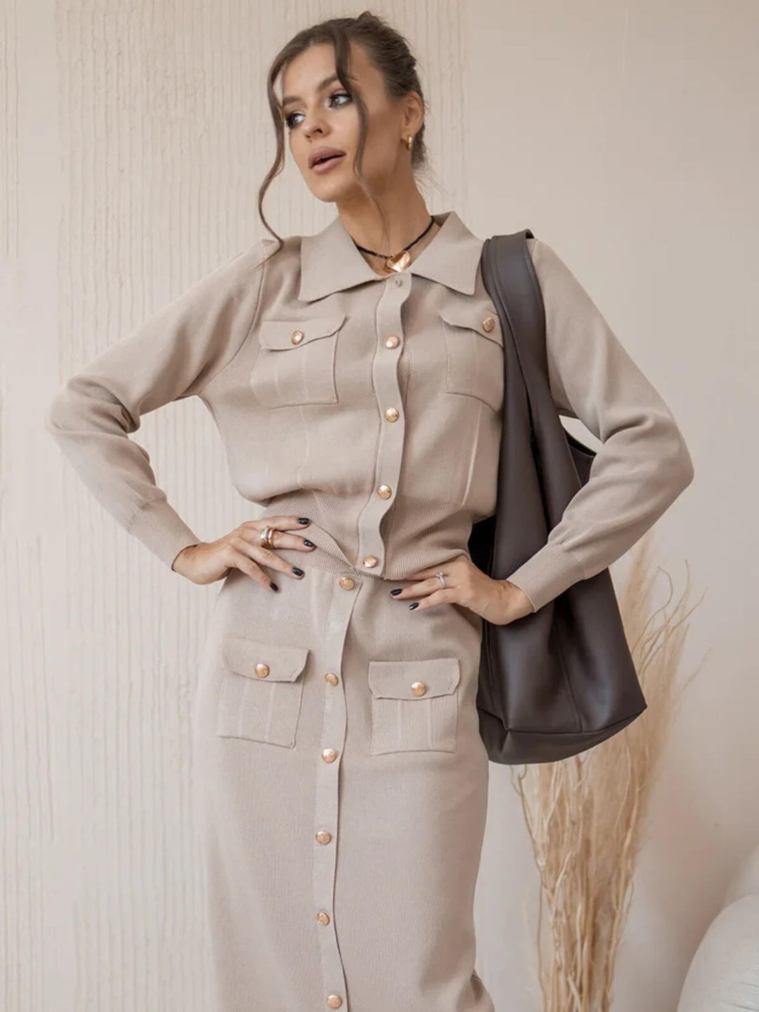 Elegant Two-Piece Matching Knit Blazer Skirt