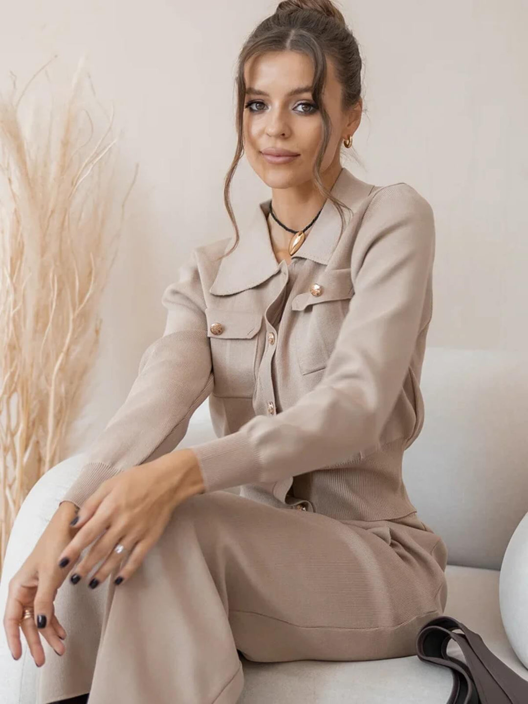 Elegant Two-Piece Matching Knit Blazer Skirt