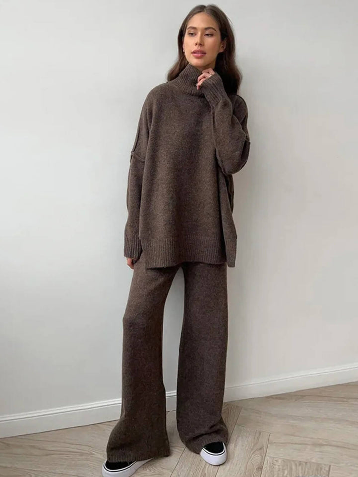 Casual Thickened Turtleneck Sweater Knitted Trousers Set