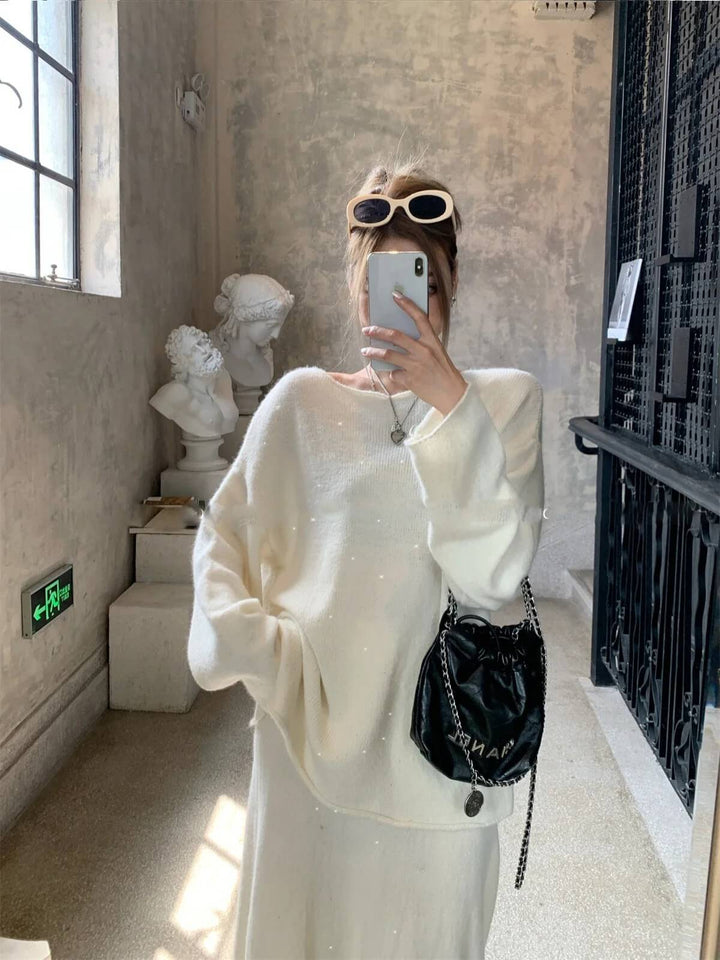 Elegant Slash Neck Sweater & Midi Dress Bling Knitted TrackSuit