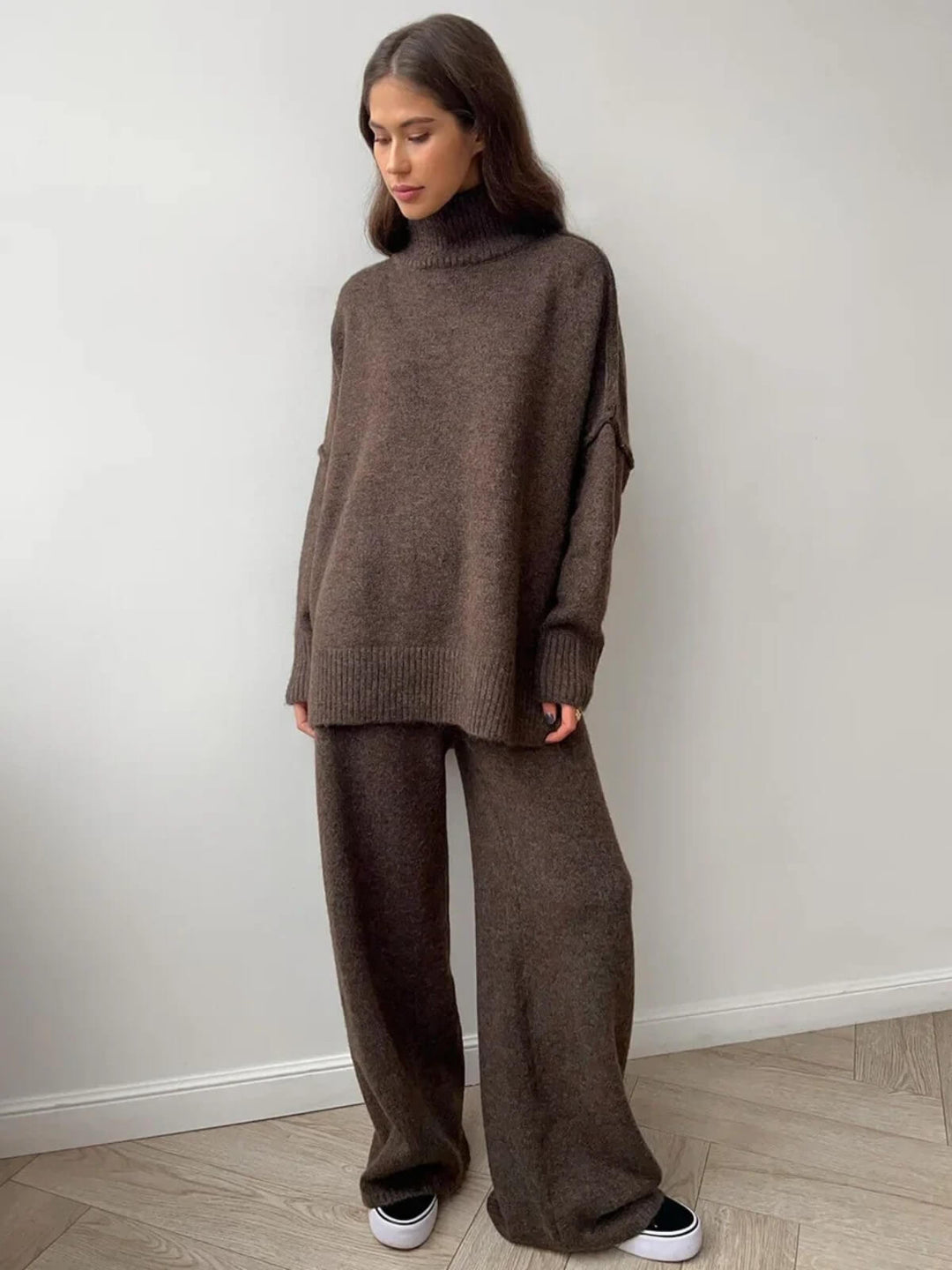 Casual Thickened Turtleneck Sweater Knitted Trousers Set