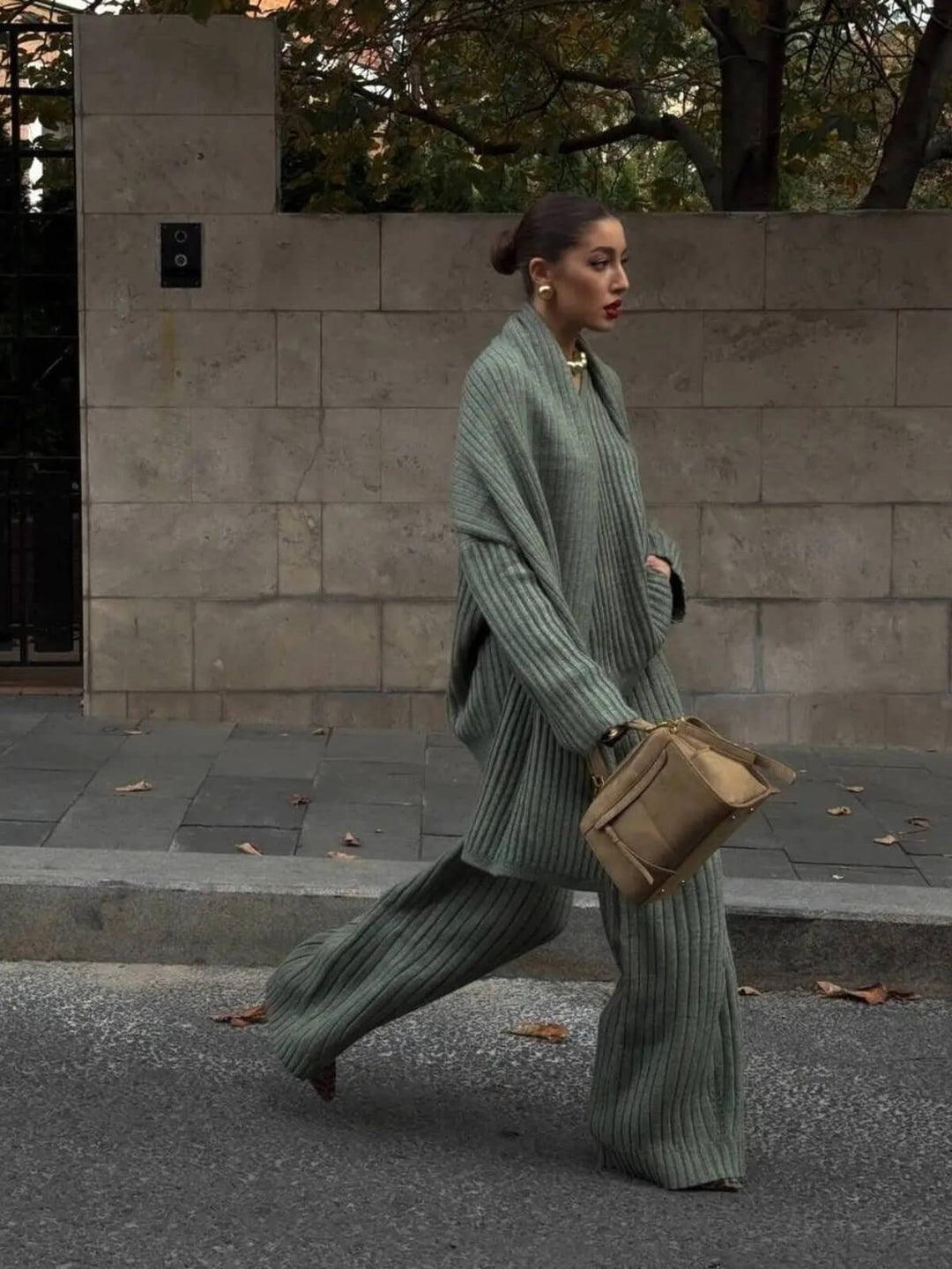 Chic Two-Piece Oversize Scarf Collar Sweaters Wide Leg Pants