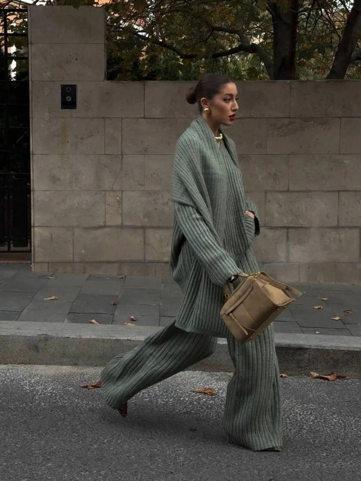Chic Two-Piece Oversize Scarf Collar Sweaters Wide Leg Pants
