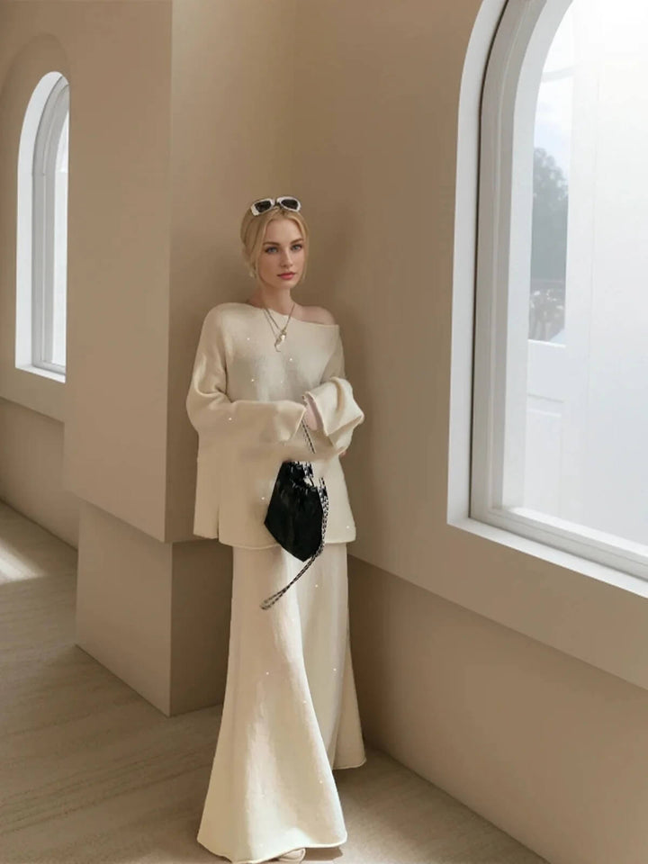 Elegant Slash Neck Sweater & Midi Dress Bling Knitted TrackSuit
