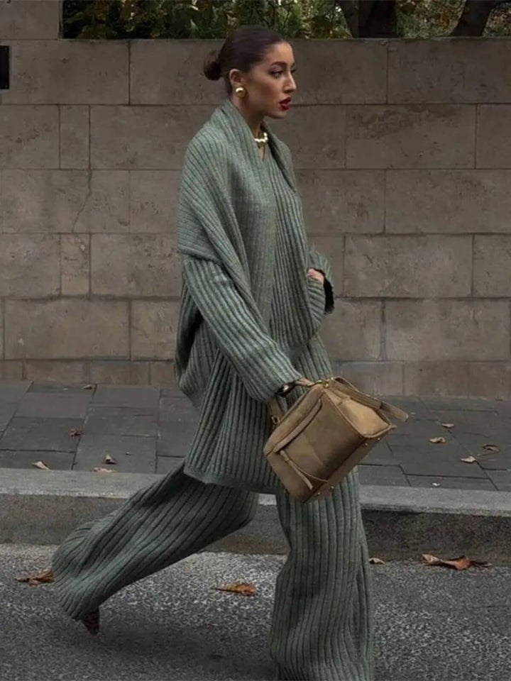 Chic Two-Piece Oversize Scarf Collar Sweaters Wide Leg Pants