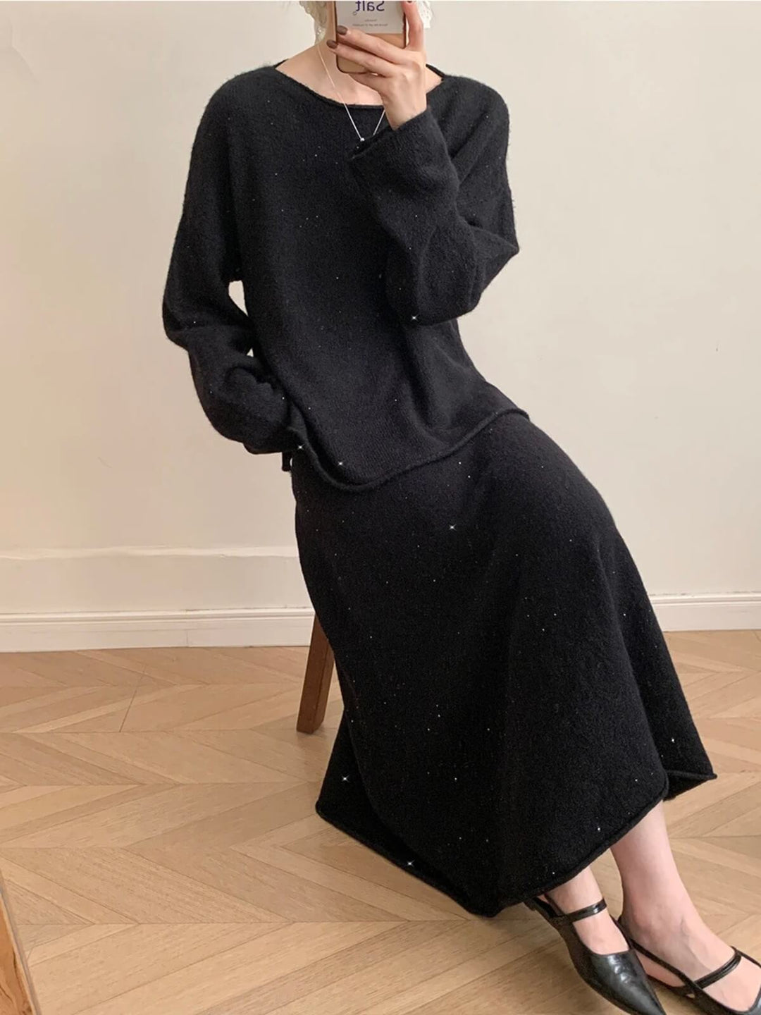 Elegant Slash Neck Sweater & Midi Dress Bling Knitted TrackSuit