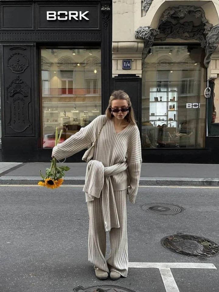 Chic Two-Piece Oversize Scarf Collar Sweaters Wide Leg Pants