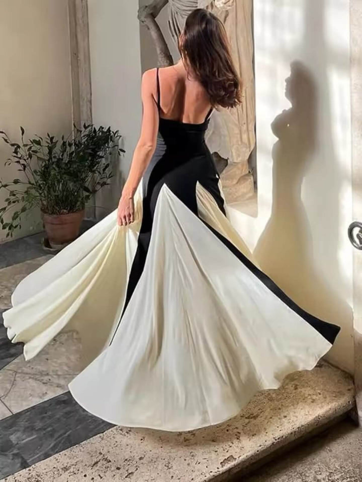 Elegant Black White Sleeveless Patchwork Maxi Dresses