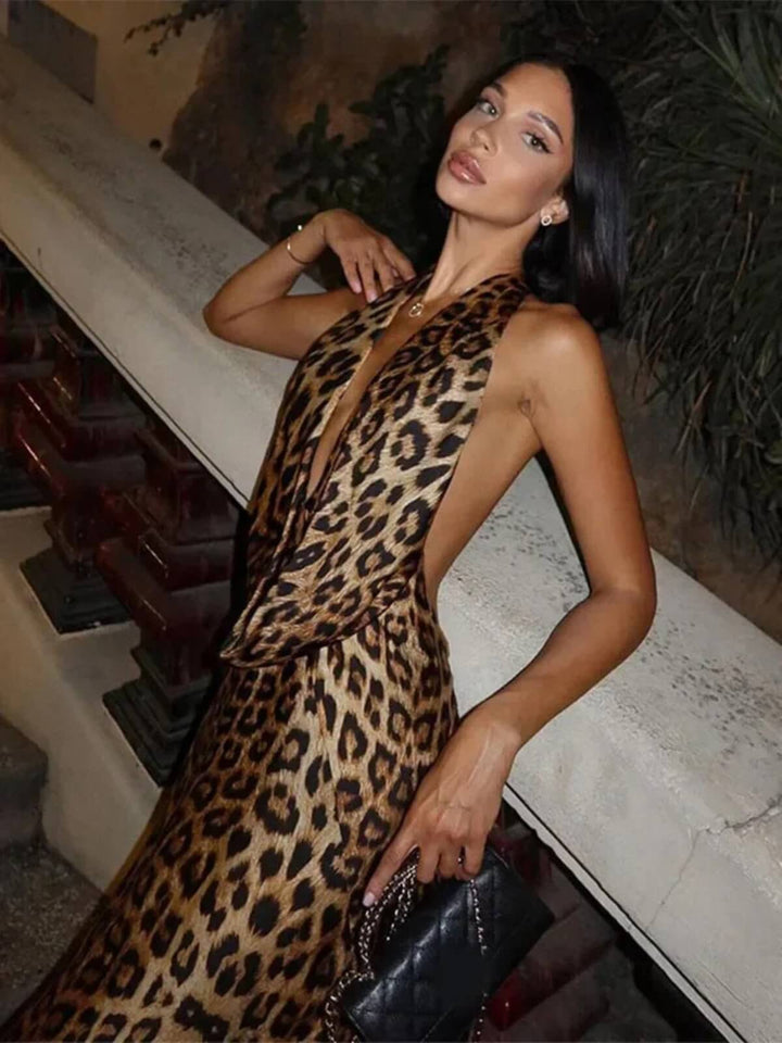 Elegant Leopard Print Lace-up Halter Deep V-Neck Slim Long Dress