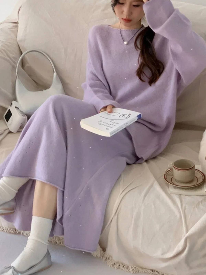 Elegant Slash Neck Sweater & Midi Dress Bling Knitted TrackSuit