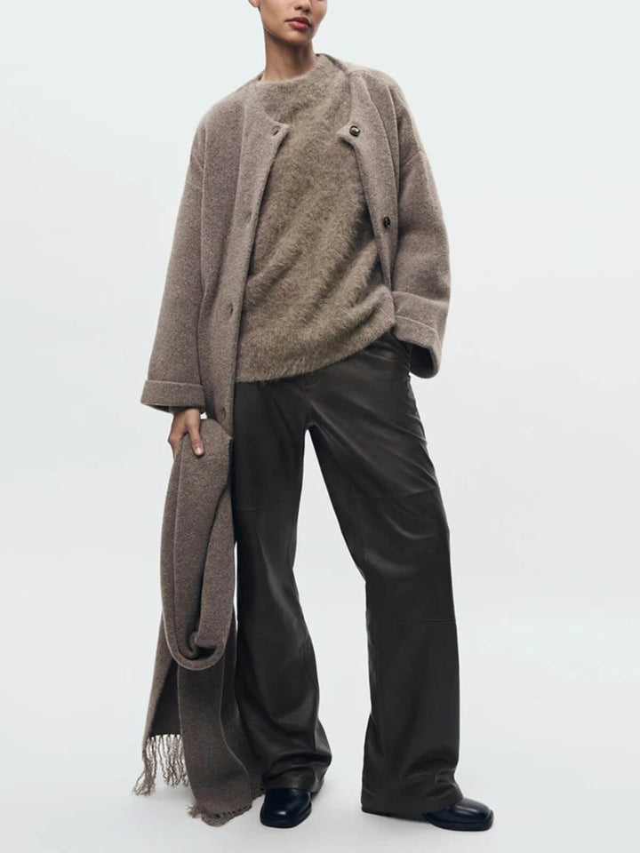Slim Fit Long Sleeve Cardigan With Patchwork Pockets and Scarf