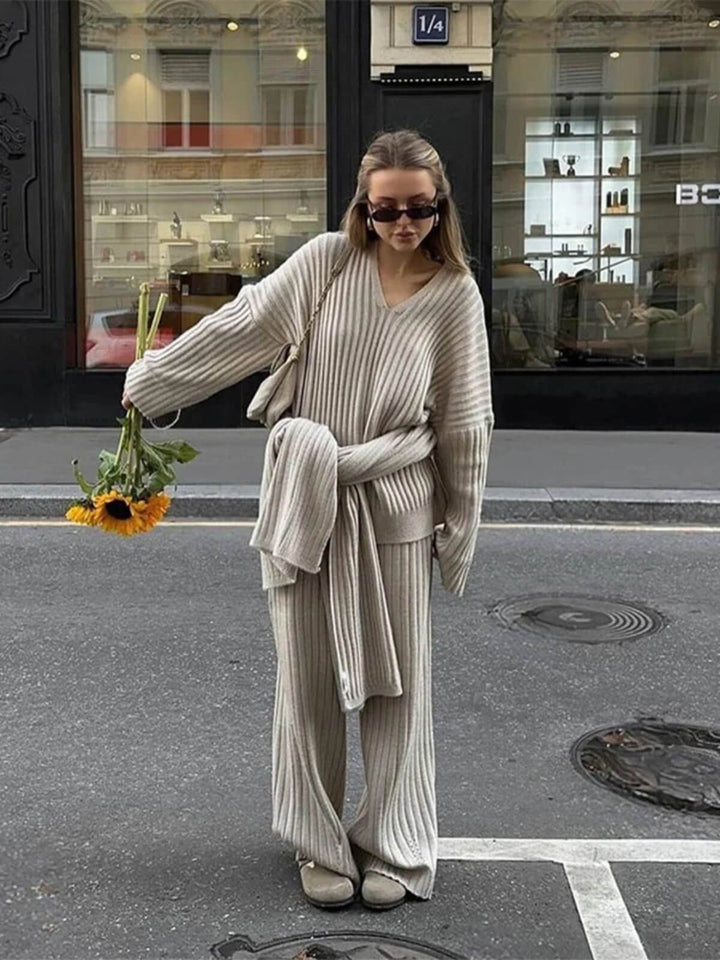 Chic Two-Piece Oversize Scarf Collar Sweaters Wide Leg Pants