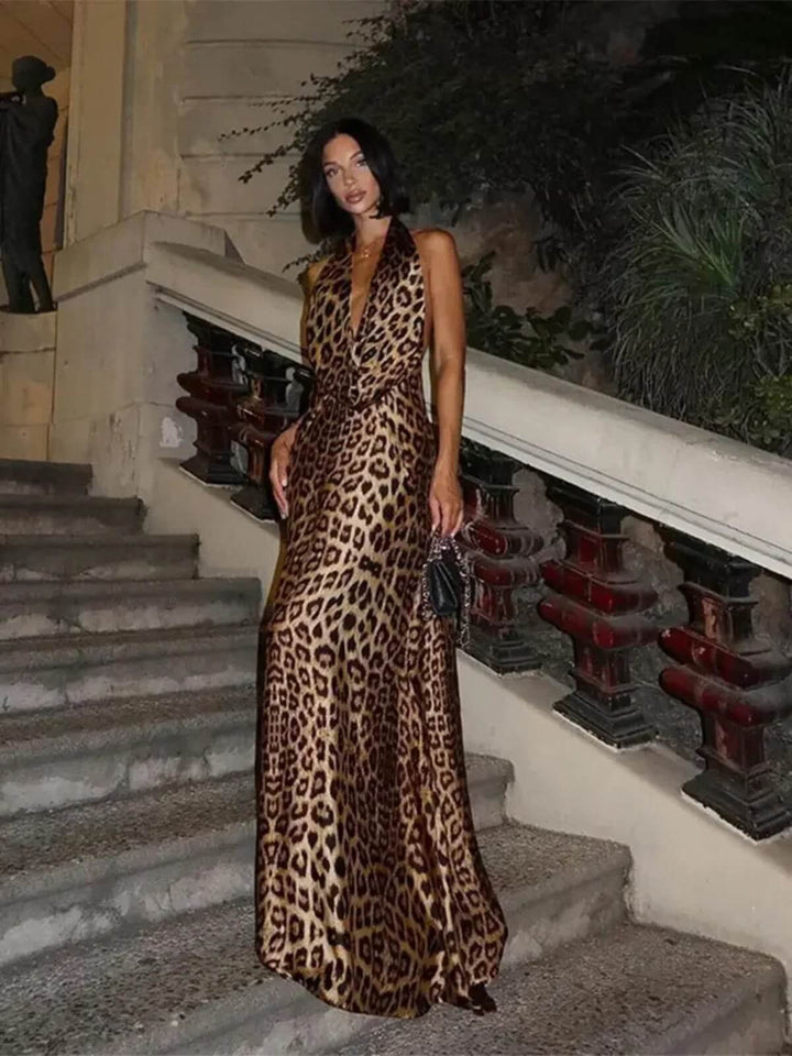 Elegant Leopard Print Lace-up Halter Deep V-Neck Slim Long Dress