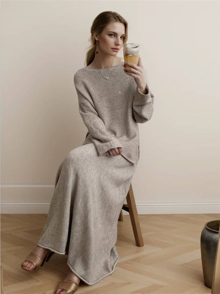 Elegant Slash Neck Sweater & Midi Dress Bling Knitted TrackSuit