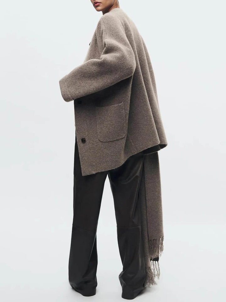 Slim Fit Long Sleeve Cardigan With Patchwork Pockets and Scarf