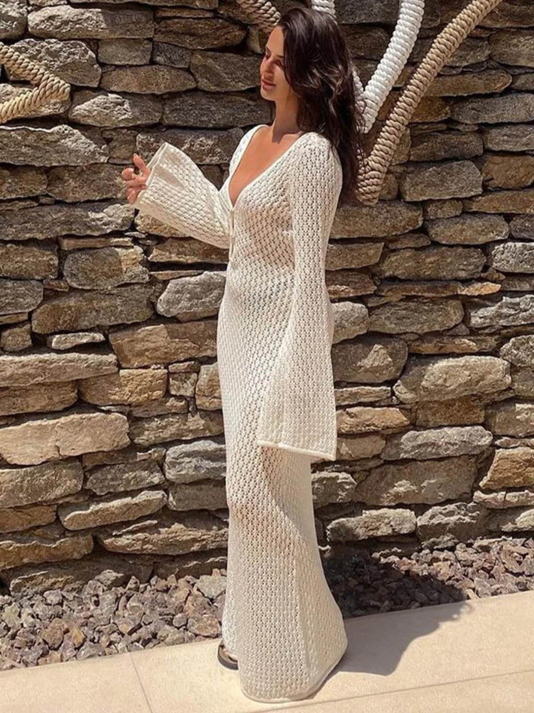 Women's Long Sleeve See-Through Deep V-Neck Hollow-Out Backless Beach Dress