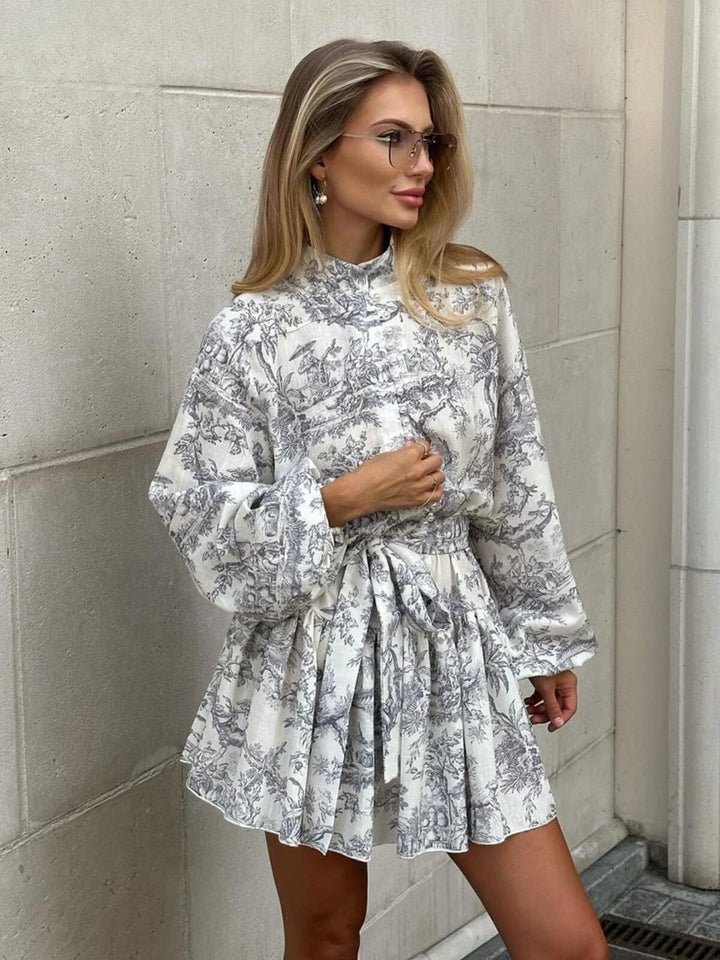Casual Stand Collar Puff Sleeve Mini Dress With Elegant Lace-Up Pleats
