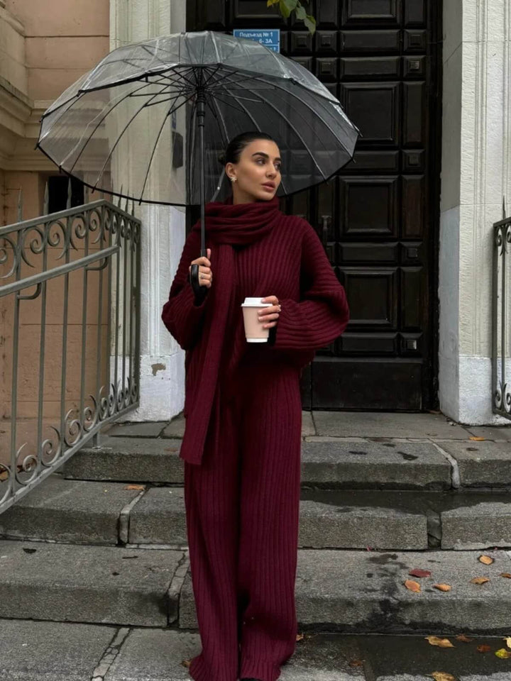 Chic Two-Piece Oversize Scarf Collar Sweaters Wide Leg Pants