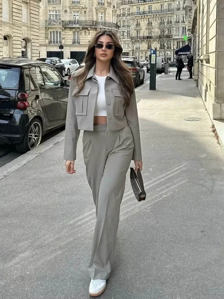 Fashionable Turn-down Collar Crop Jacket And Chic Wide Leg Pants