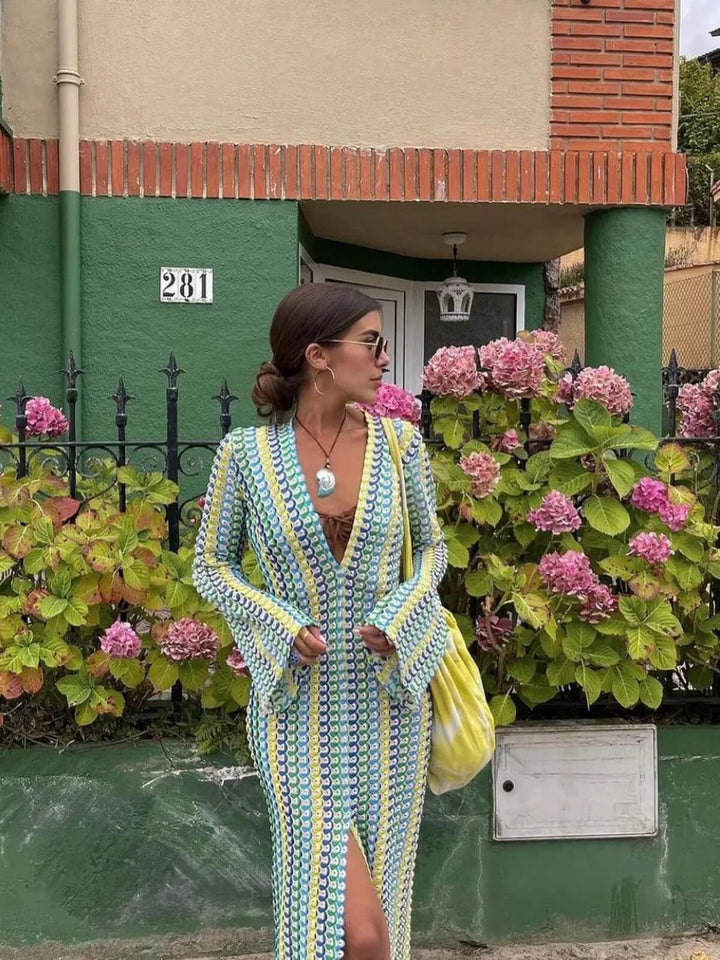 Women's Flare Sleeve V-Neck High-Slit Crochet Long Maxi Dress