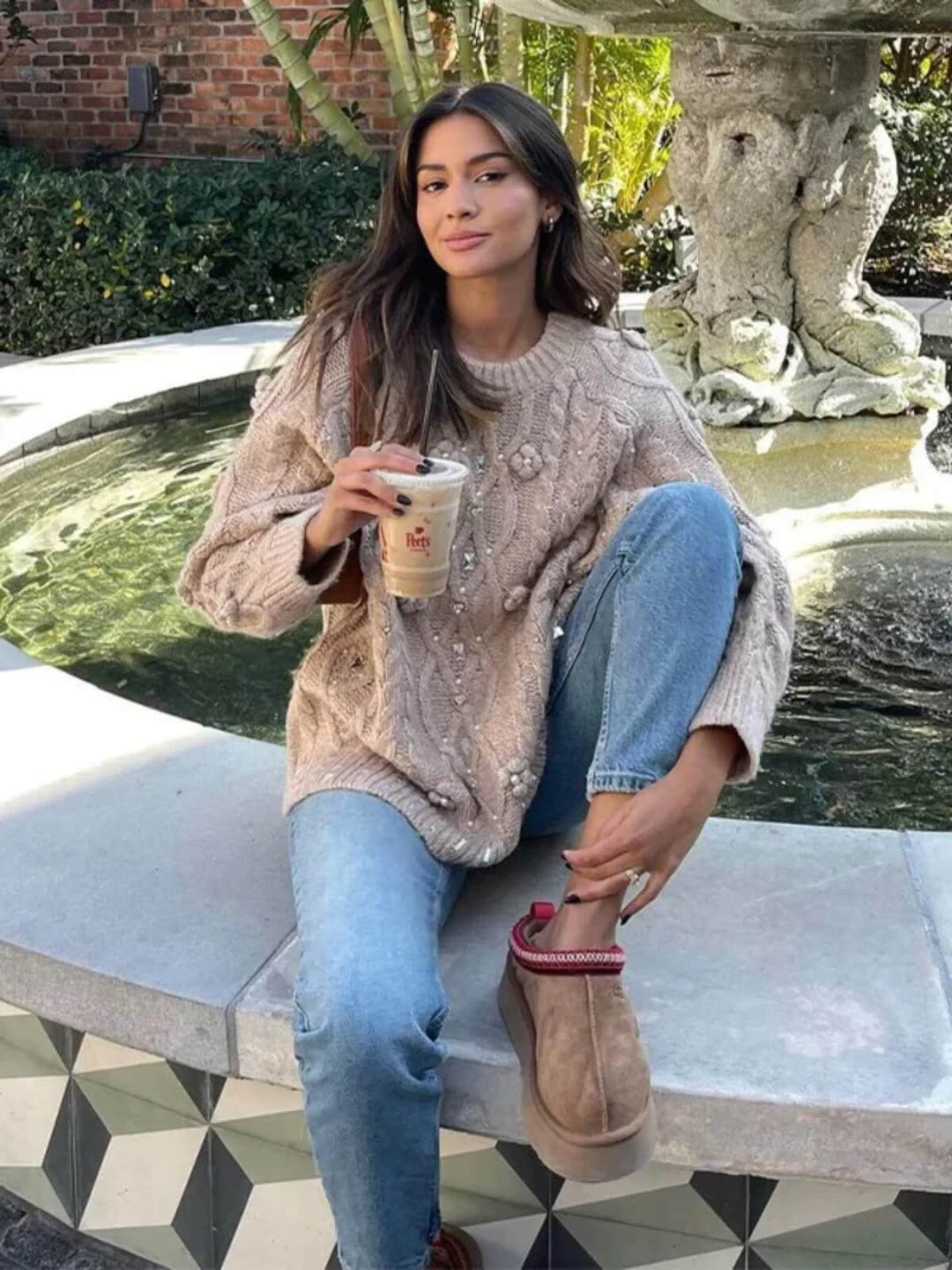 Elegant Loose Rhinestone O-neck Long Sleeve Sweater