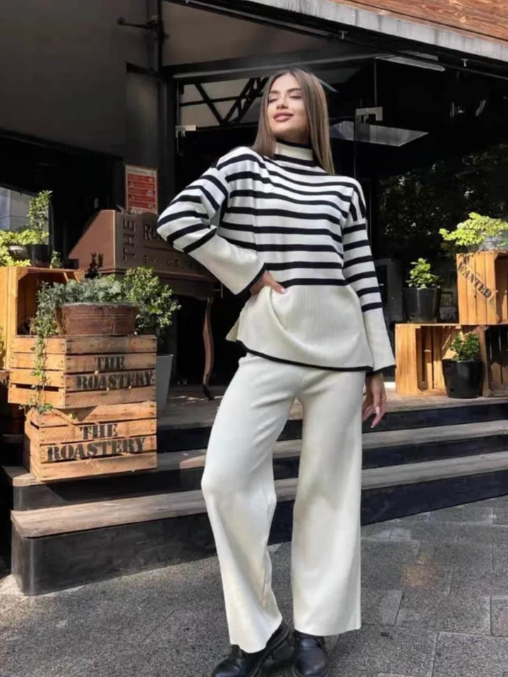 Casual Knitted Stripe Style High Collar Sweater With Loose Pants Set