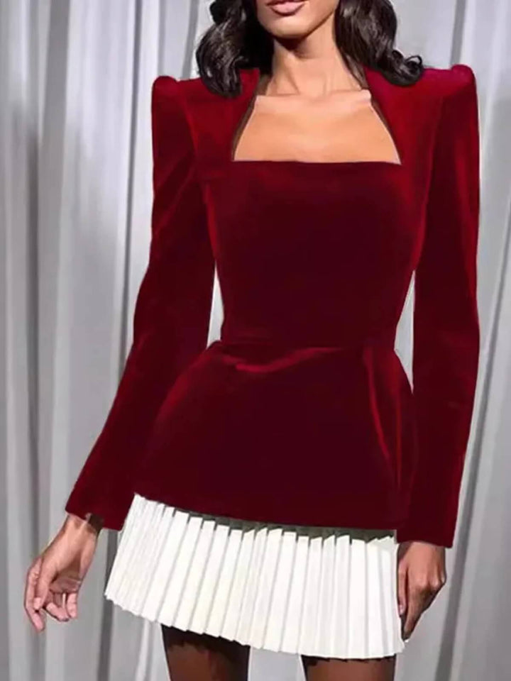 Chic Pleated Square Collar Full Sleeve Mini Skirt Set